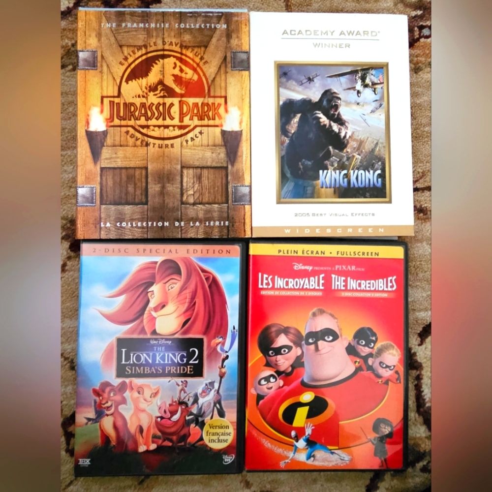 2/15$ DVDs Jurassic Park, Lion King, The Incredibles, King Kong